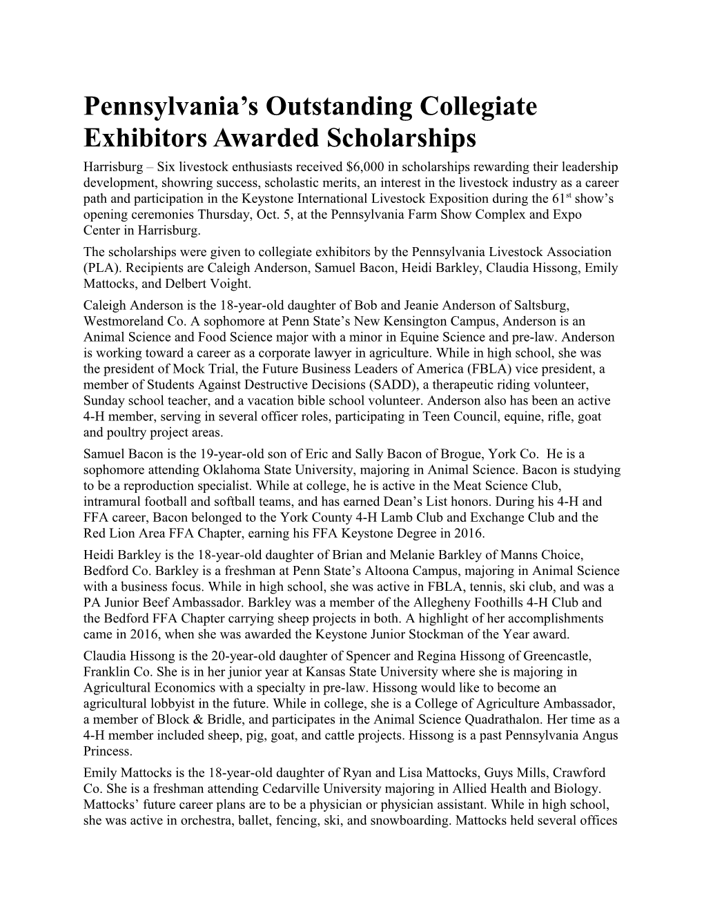 Pennsylvania S Outstanding Collegiate Exhibitors Awarded Scholarships