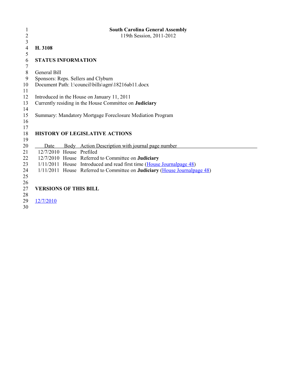 2011-2012 Bill 3108: Mandatory Mortgage Foreclosure Mediation Program - South Carolina