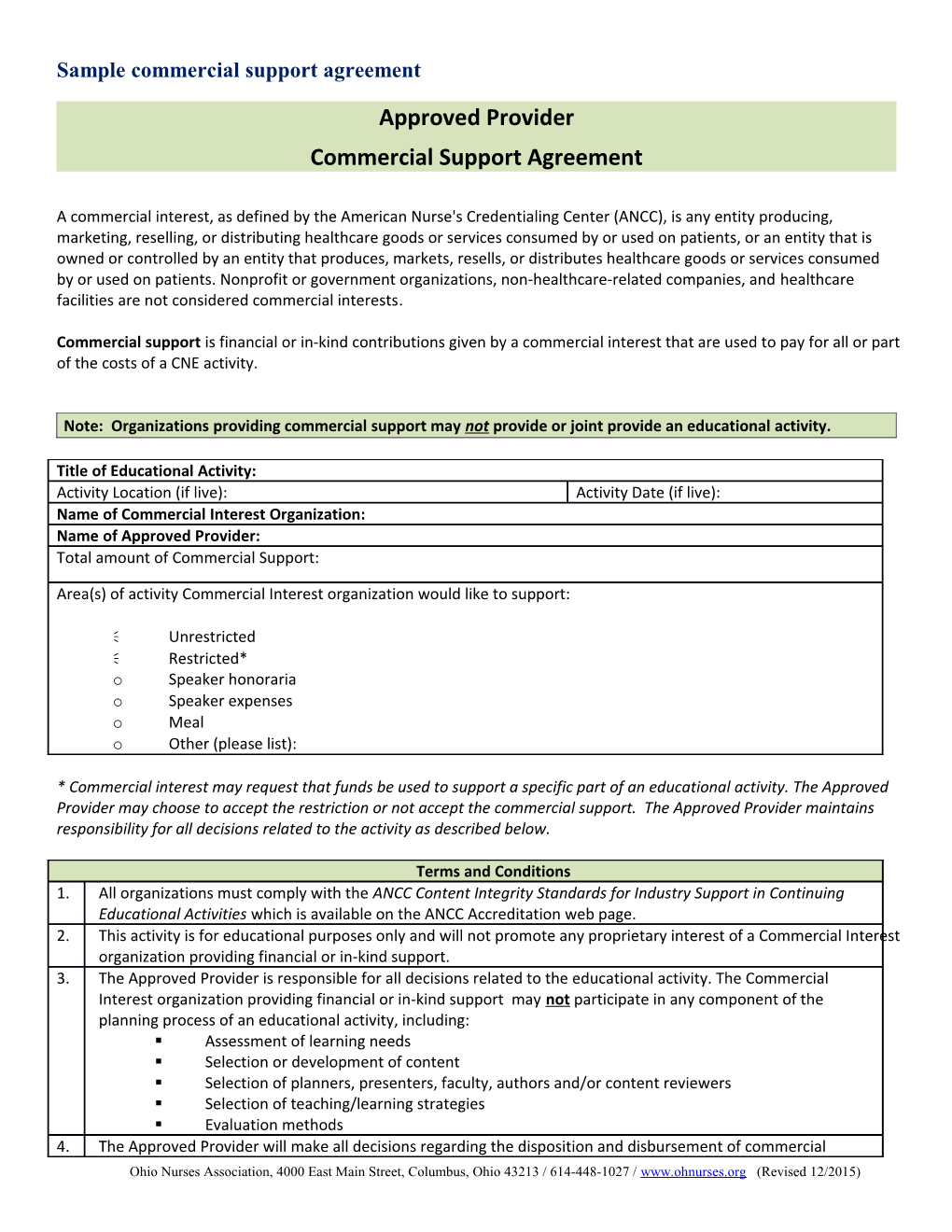 Sample Commercial Support Agreement