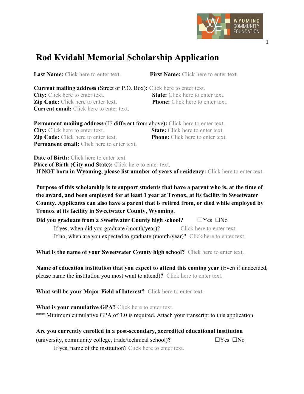 Rod Kvidahl Memorial Scholarship Application