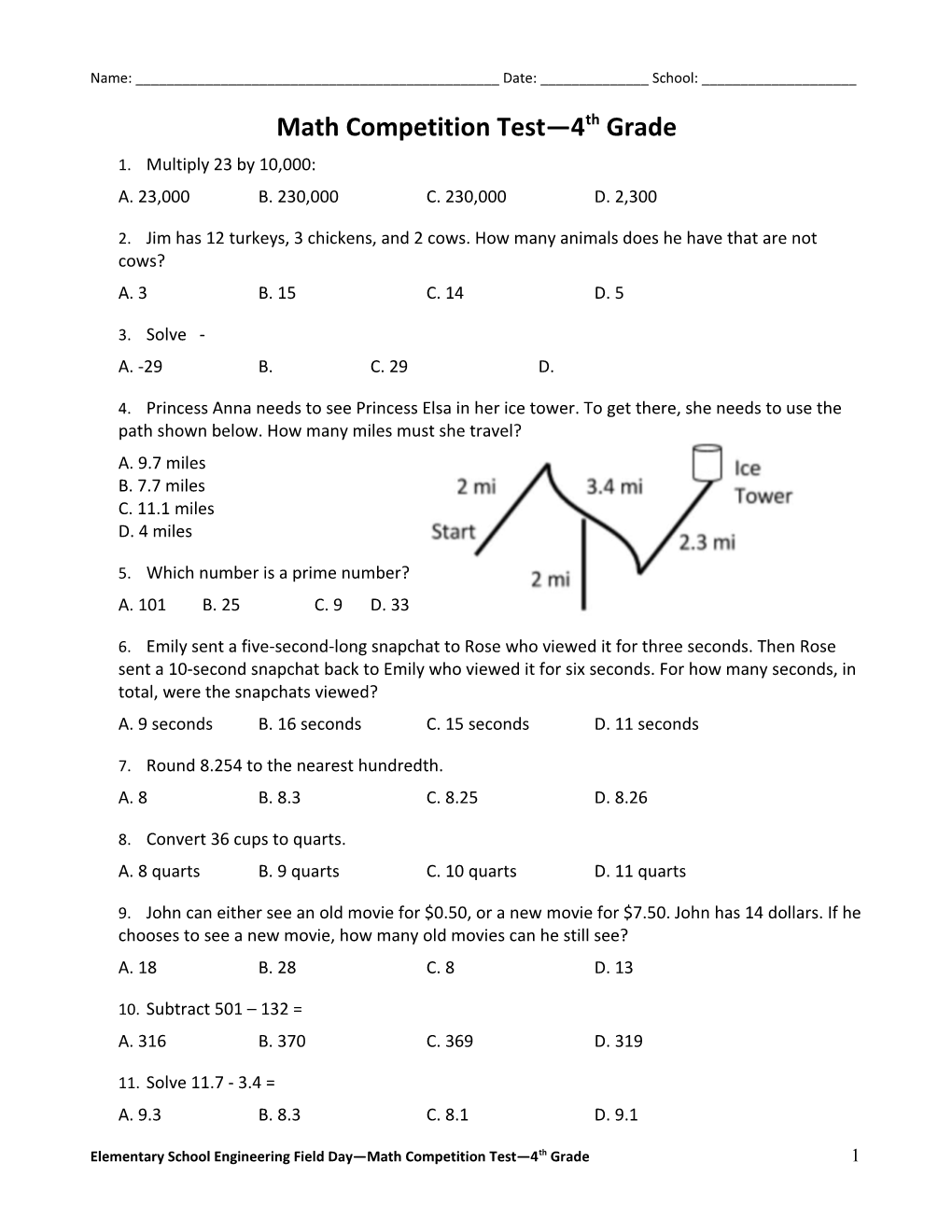 Math Competition Test 4Th Grade