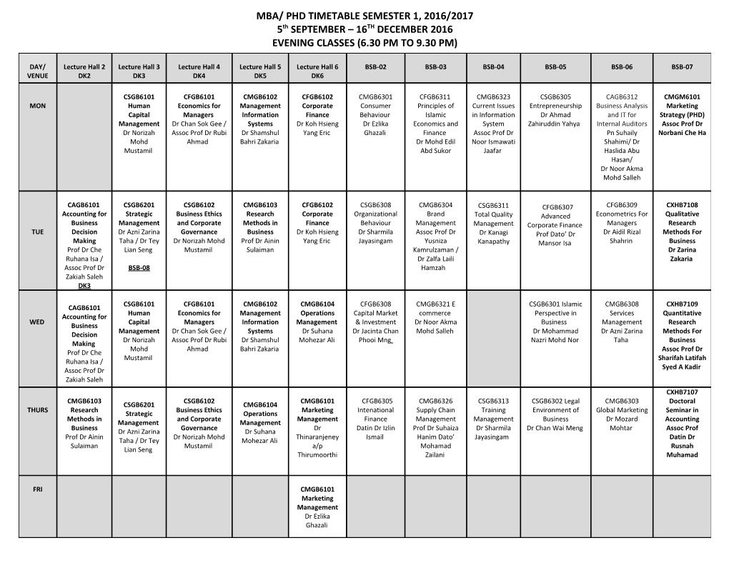 Mba/ Phd Timetable Semester 1, 2016/2017
