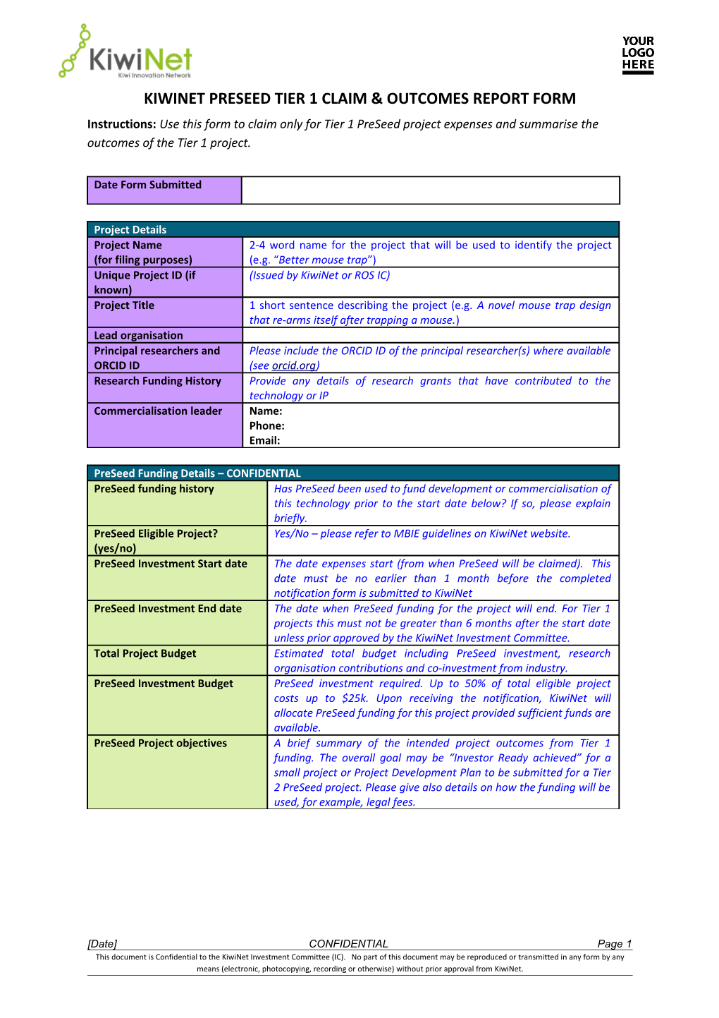 Kiwinet Preseedtier 1 Claim & Outcomes Report Form