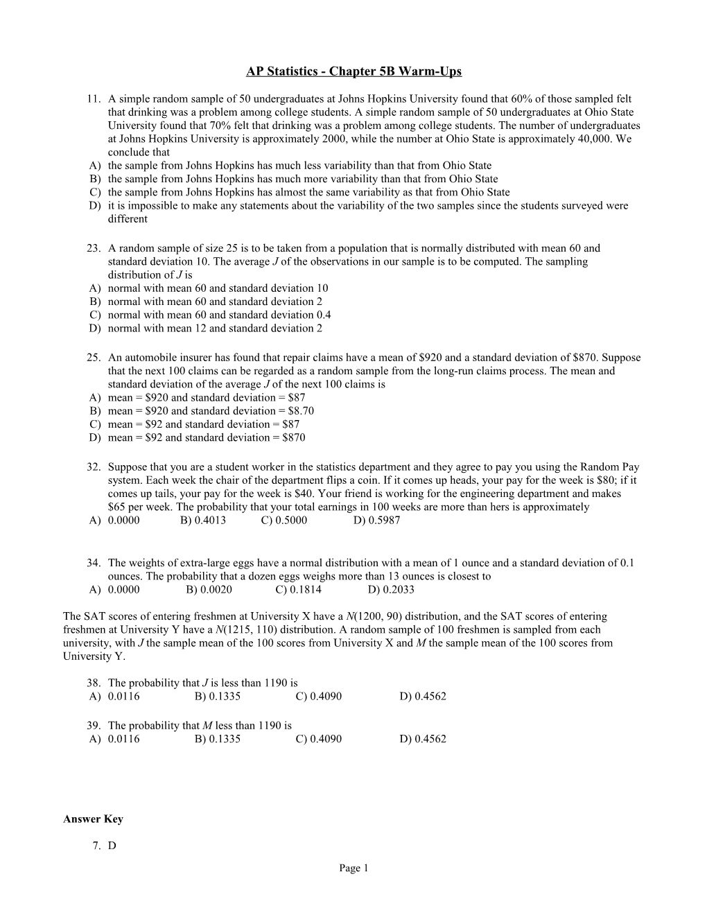 AP Statistics - Chapter 5B Warm-Ups