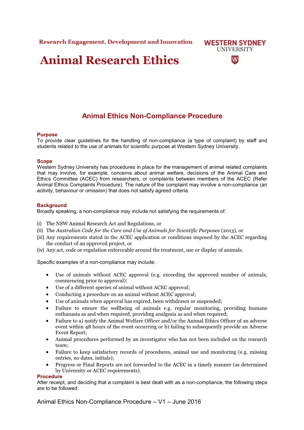Animal Ethics Non-Compliance Procedure