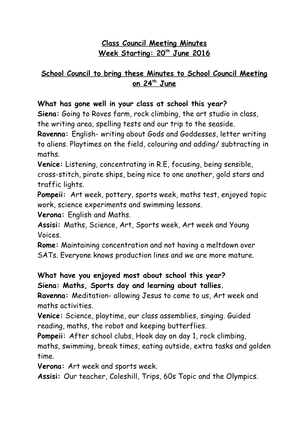 Class Council Meeting Minutes