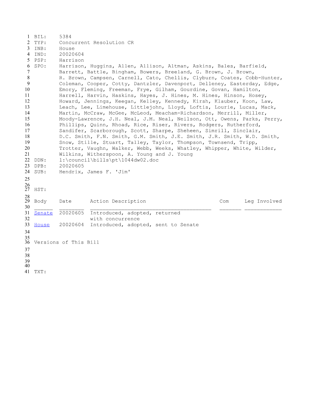 2001-2002 Bill 5384: Hendrix, James F. 'Jim' - South Carolina Legislature Online