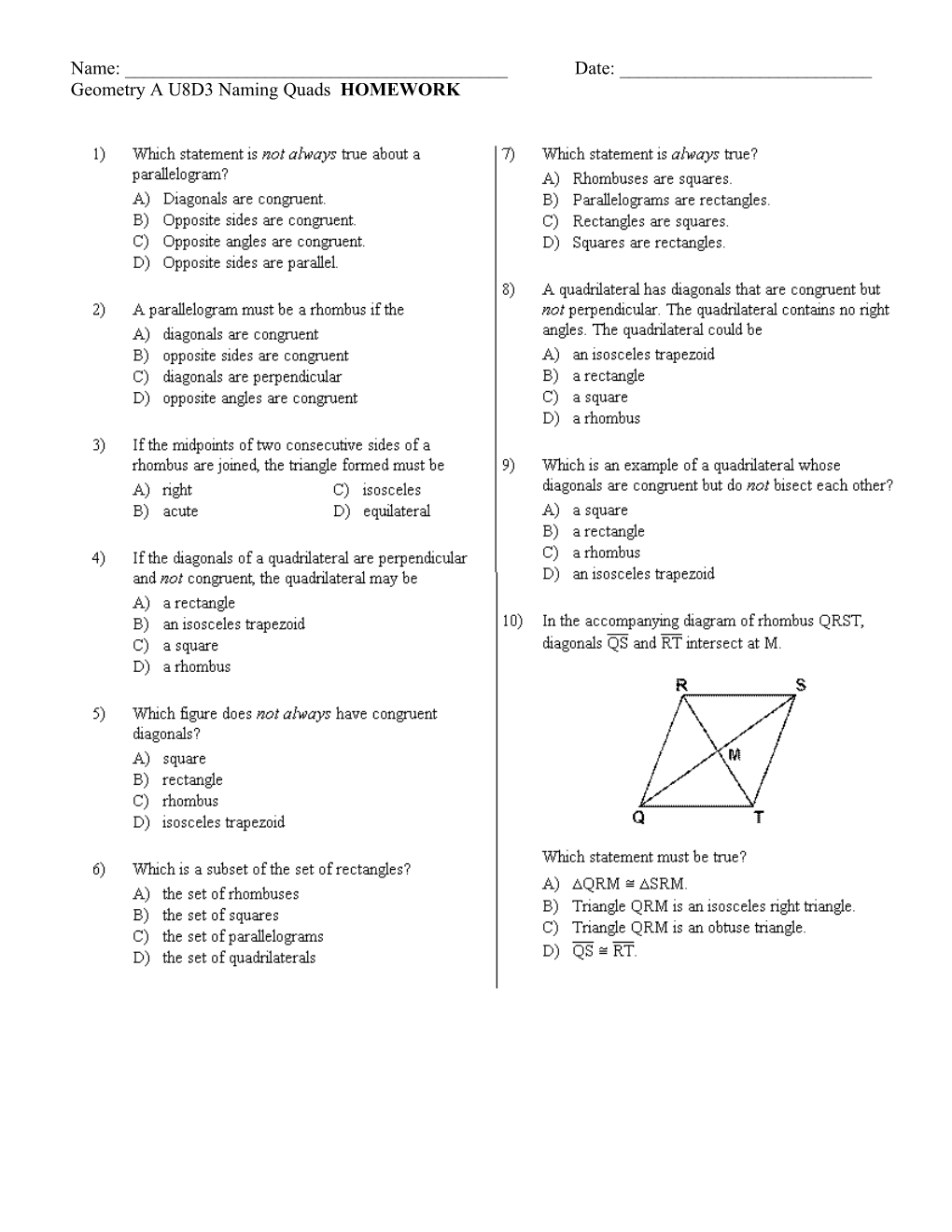 Geometry a U8D3 Naming Quads HOMEWORK