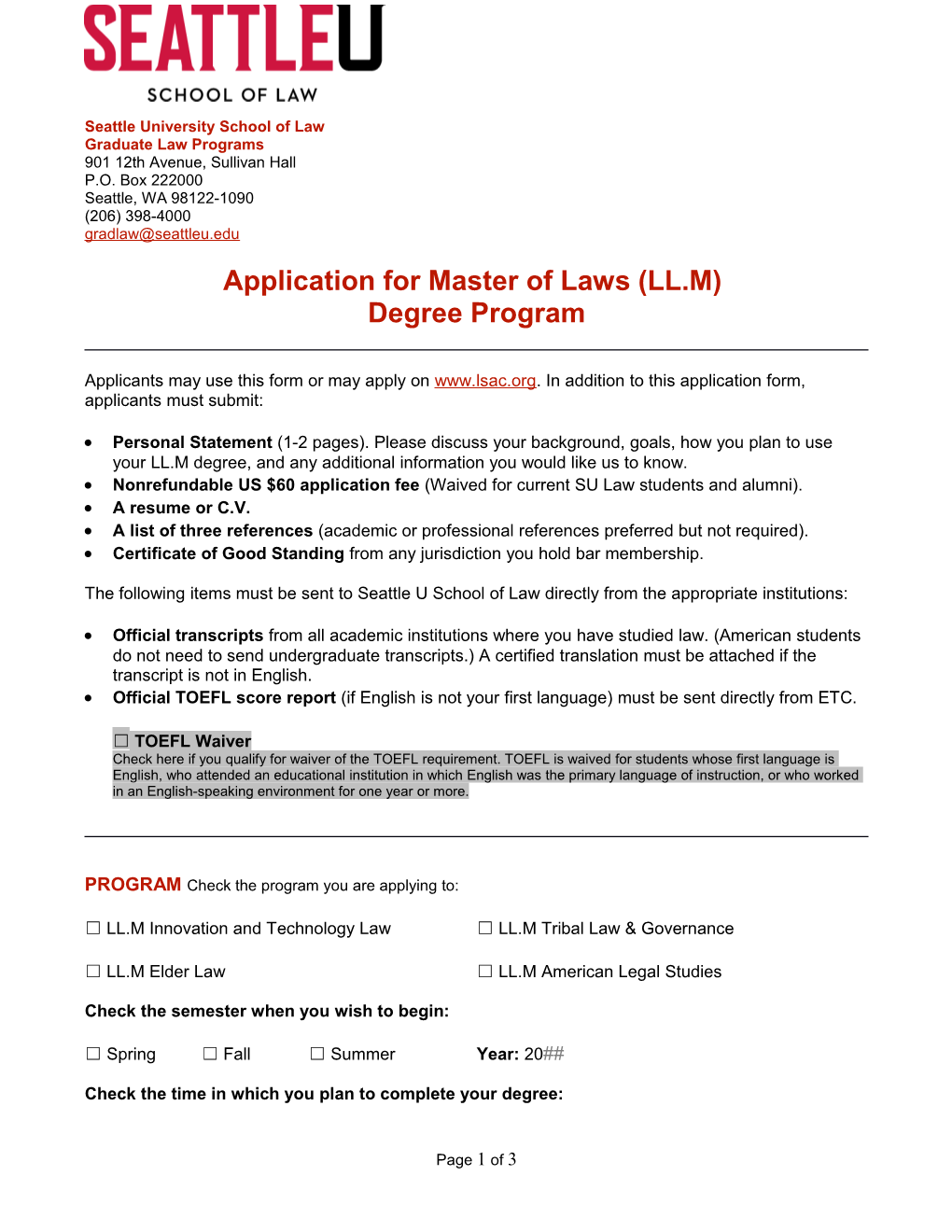 Application for Master of Laws (LL.M) Degree Program