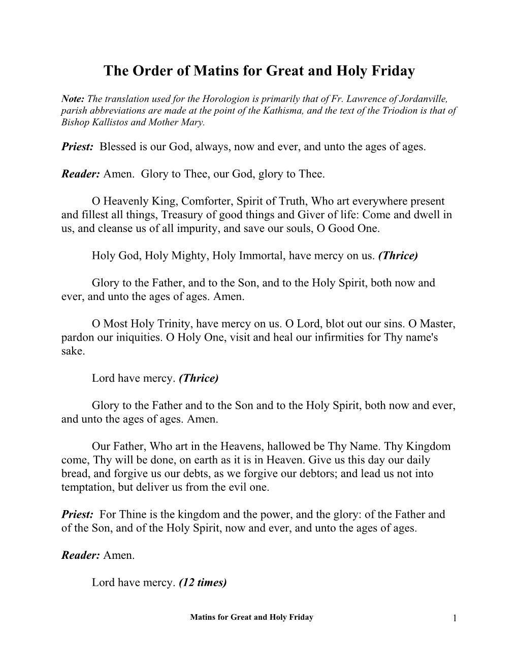 The Order of Matins for Great and Holy Friday