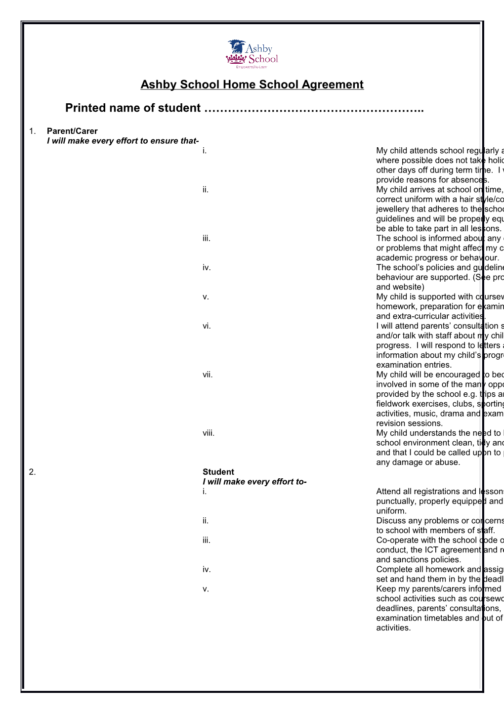 Ashby School Home School Agreement