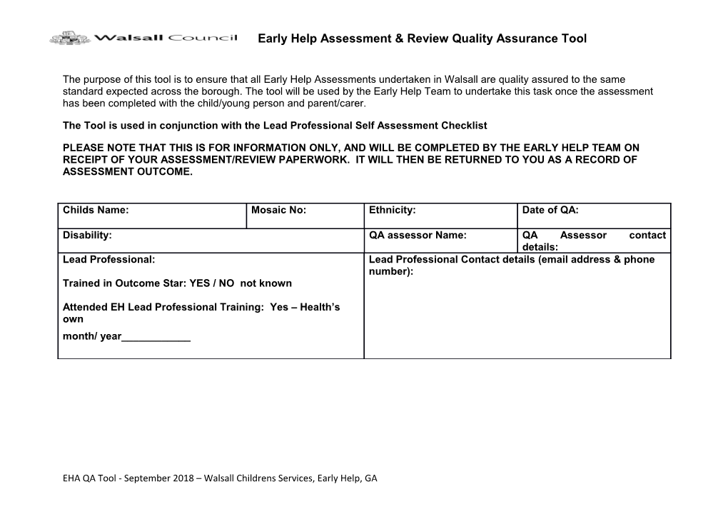 The Tool Is Used in Conjunction with the Lead Professional Self Assessment Checklist