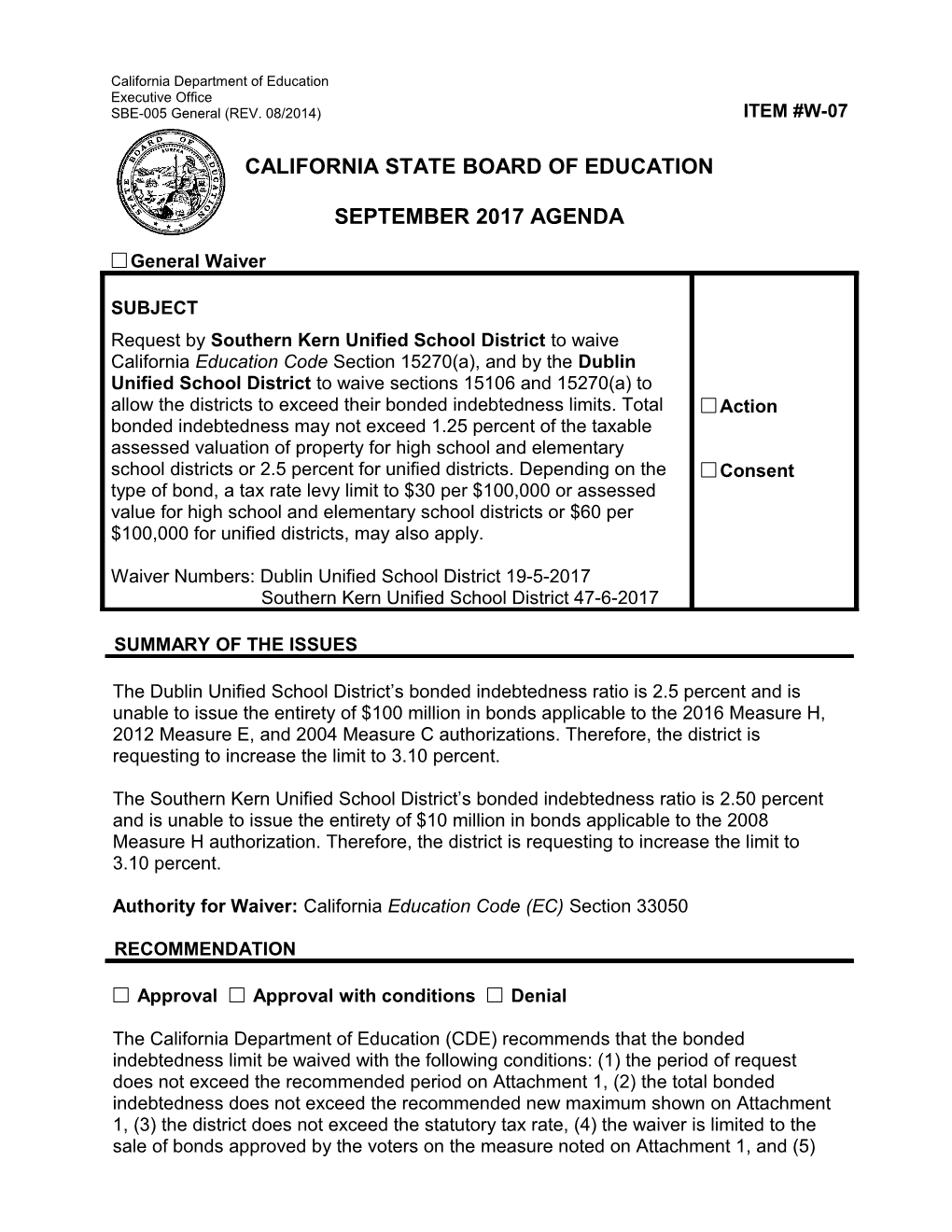 September 2017 Waiver Item W-07 - Meeting Agendas (CA State Board of Education)