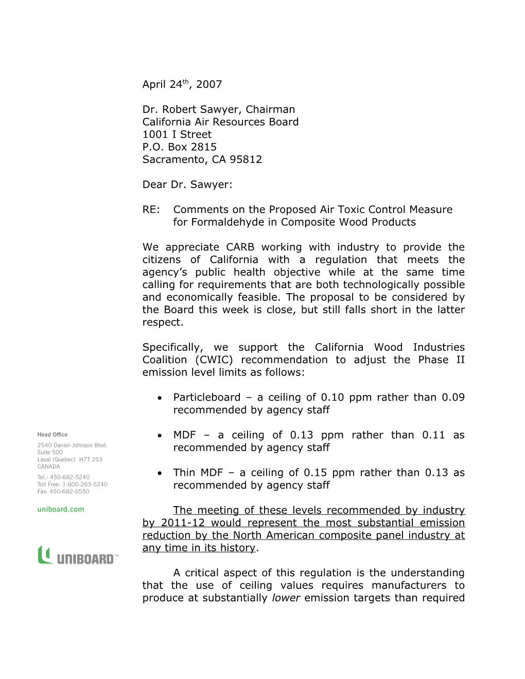 Particleboard a Ceiling of 0.10 Ppm Rather Than 0.09 Recommended by Agency Staff