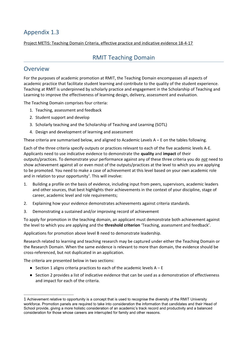 Project METIS: Teaching Domain Criteria, Effective Practice and Indicative Evidence 18-4-17