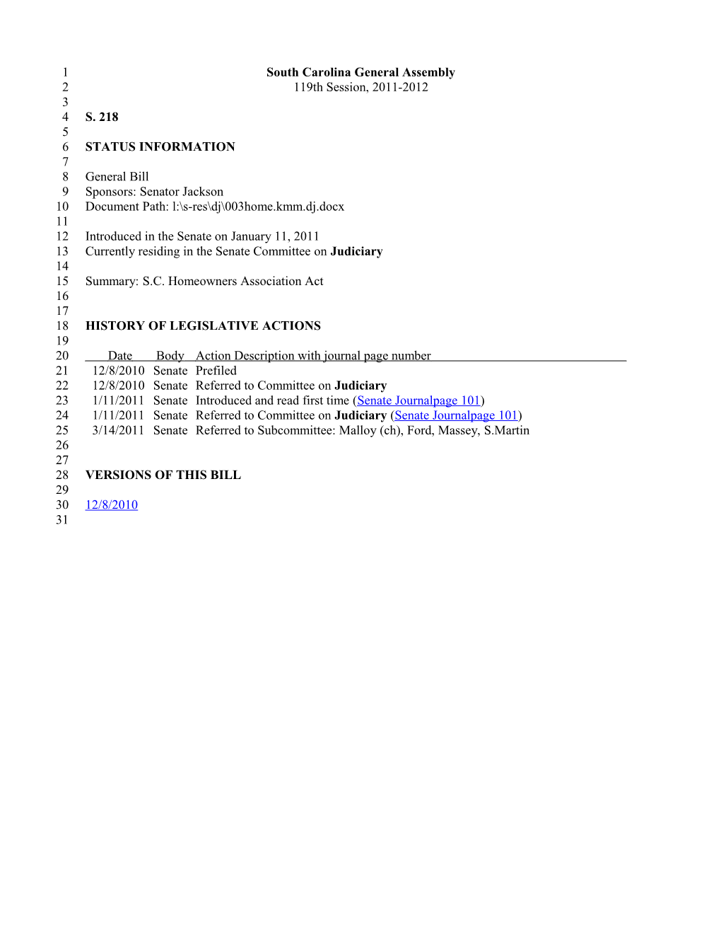 2011-2012 Bill 218: S.C. Homeowners Association Act - South Carolina Legislature Online