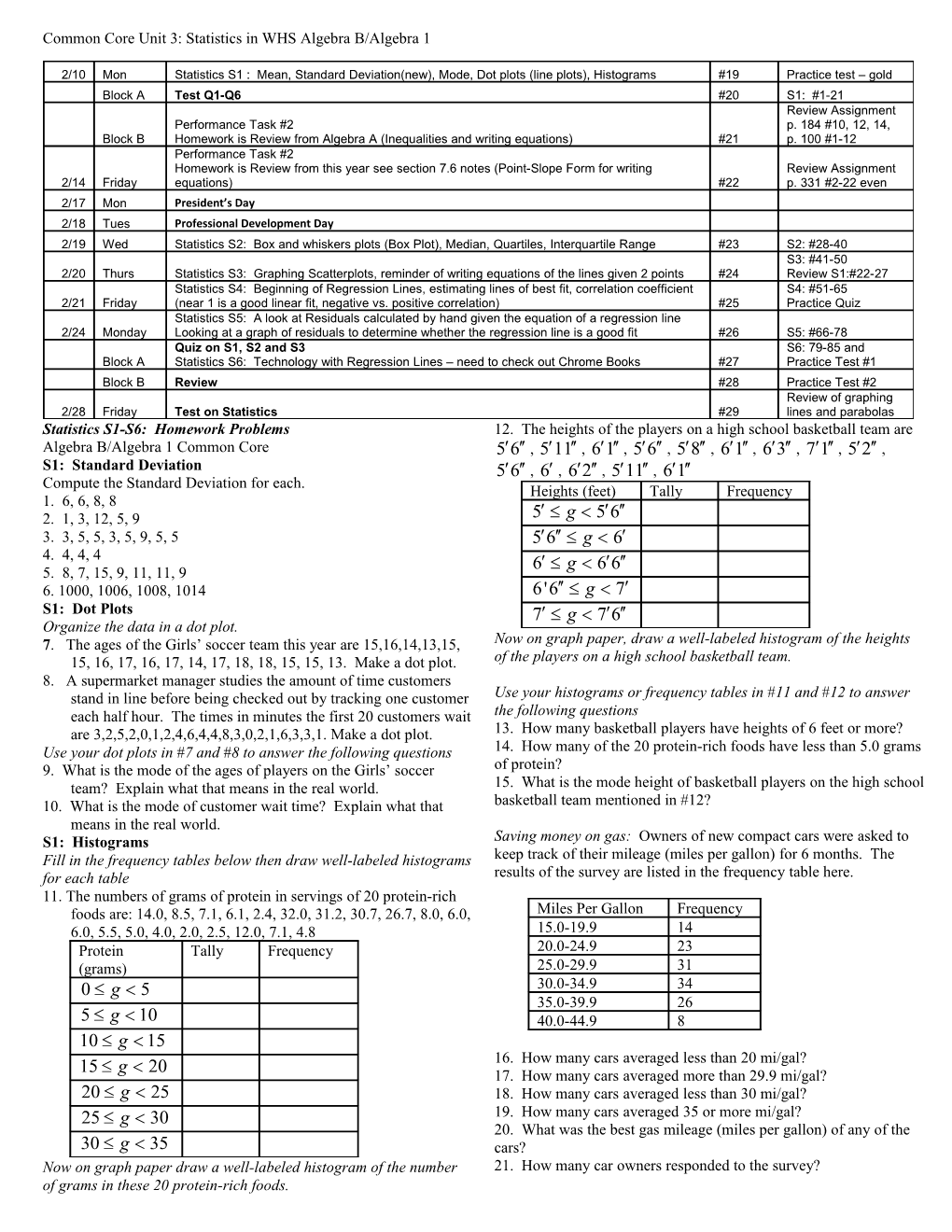 Common Core Unit 3: Statistics in WHS Algebra B/Algebra 1