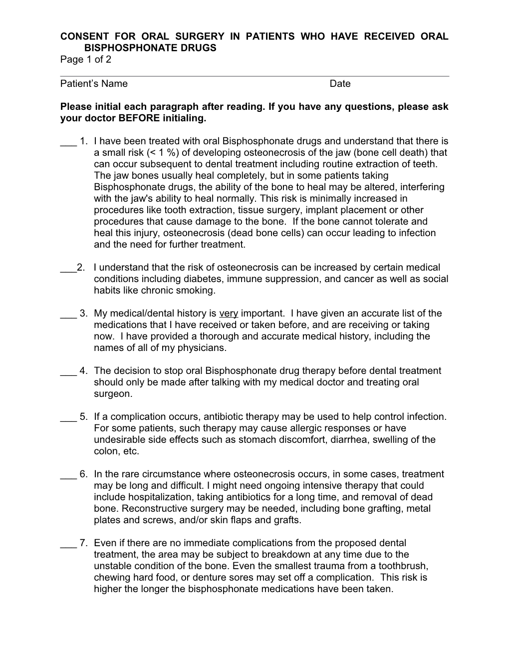 Consent for Oral Bisphosphonate Drugs