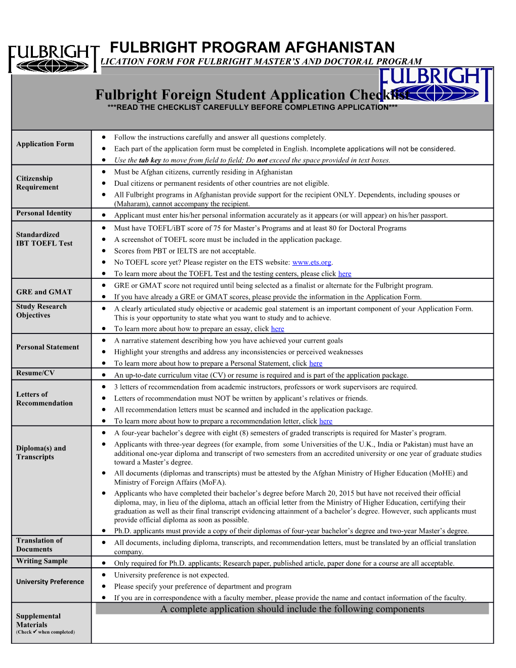 Application Form for Fulbright Master S and Doctoralprogram