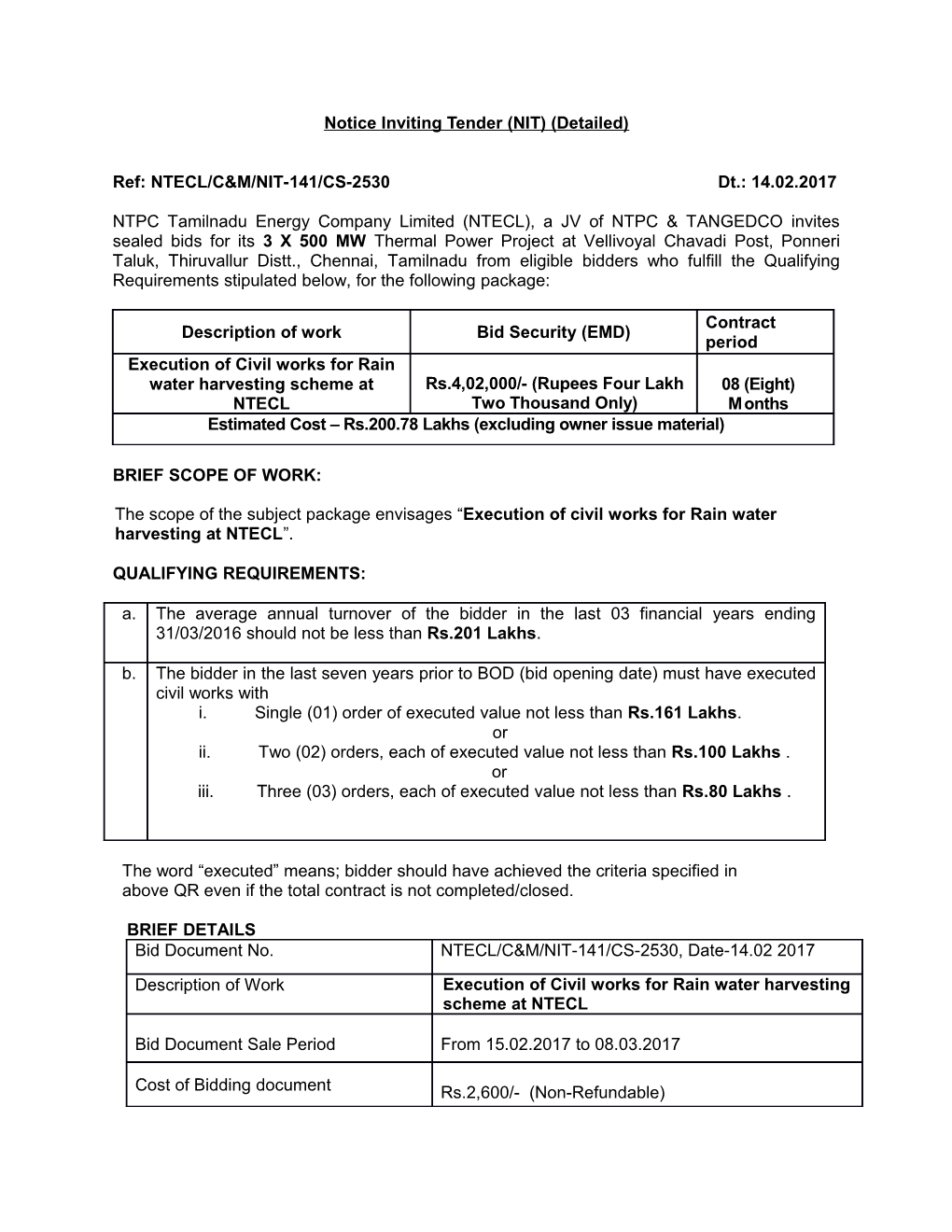 Notice Inviting Tender (NIT) (Detailed)