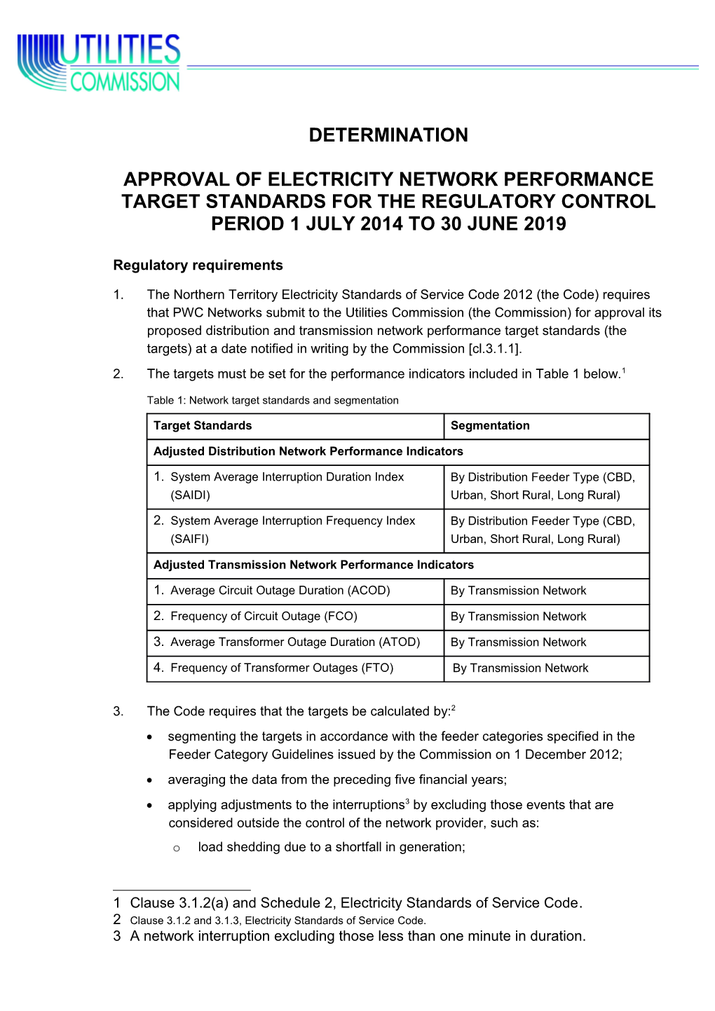 Approval of Electricity Network Performance Target Standards for the Regulatory Control