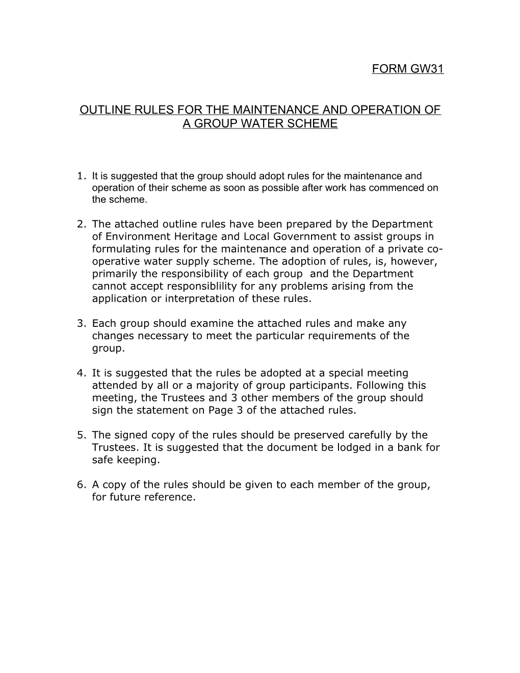 Outline Rules for the Maintenance and Operation of a Group Water Scheme