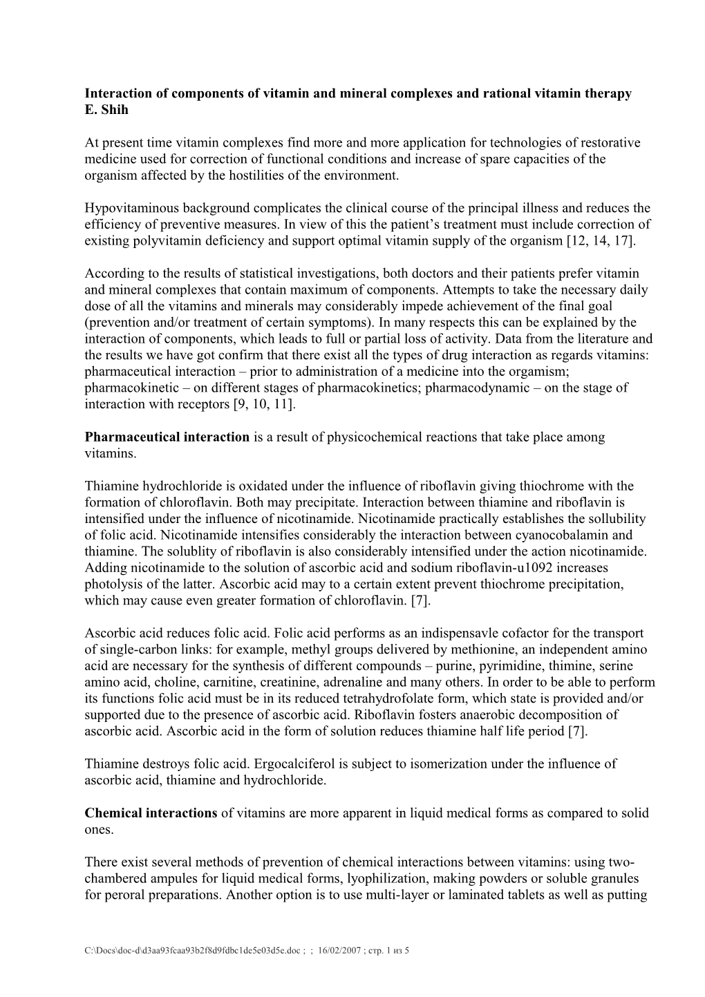 Interaction of Components of Vitamin and Mineral Complexes and Rational Vitamin Therapy