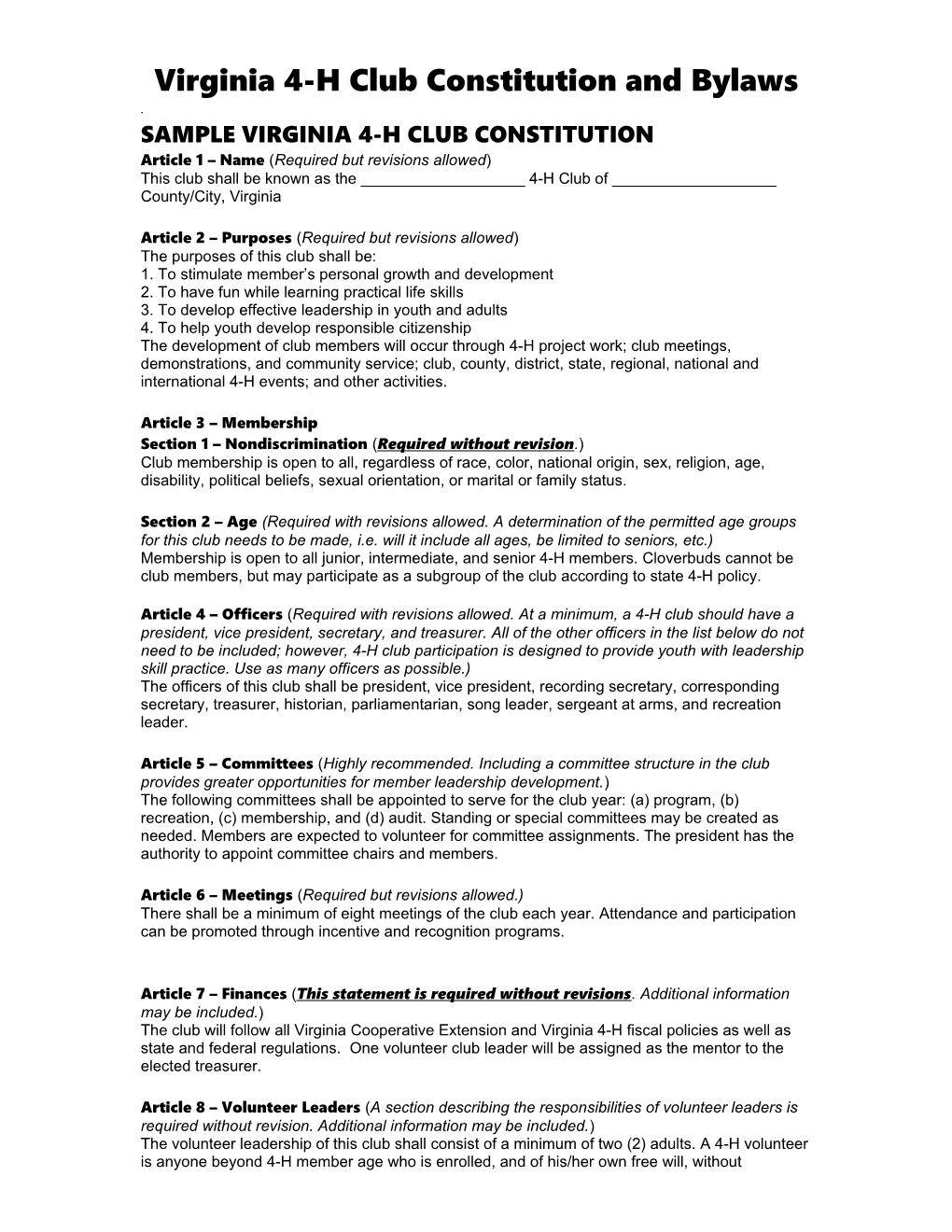 Virginia 4-H Club Constitution and Bylaws