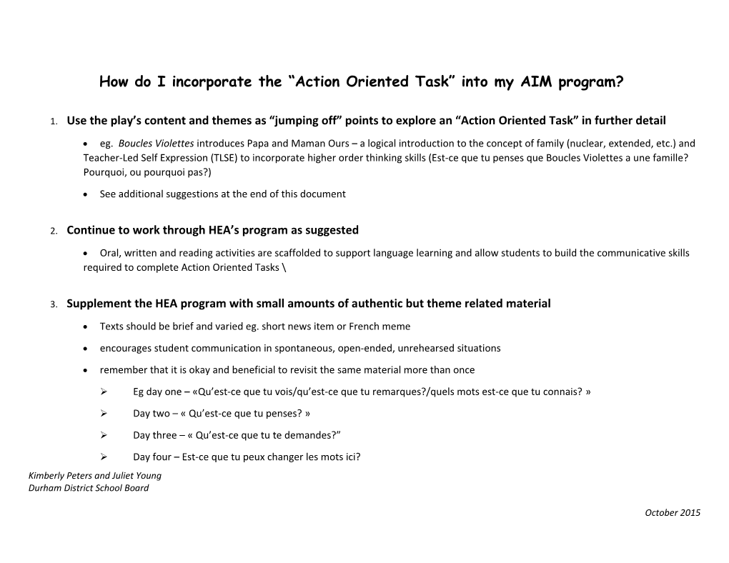 How Do I Incorporate the Action Oriented Task Into My AIM Program?
