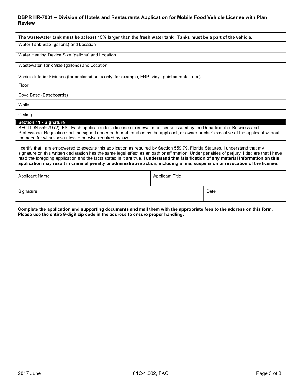 DBPR HR-7031 Division of Hotels and Restaurants Application for Mobile Food Vehicle License