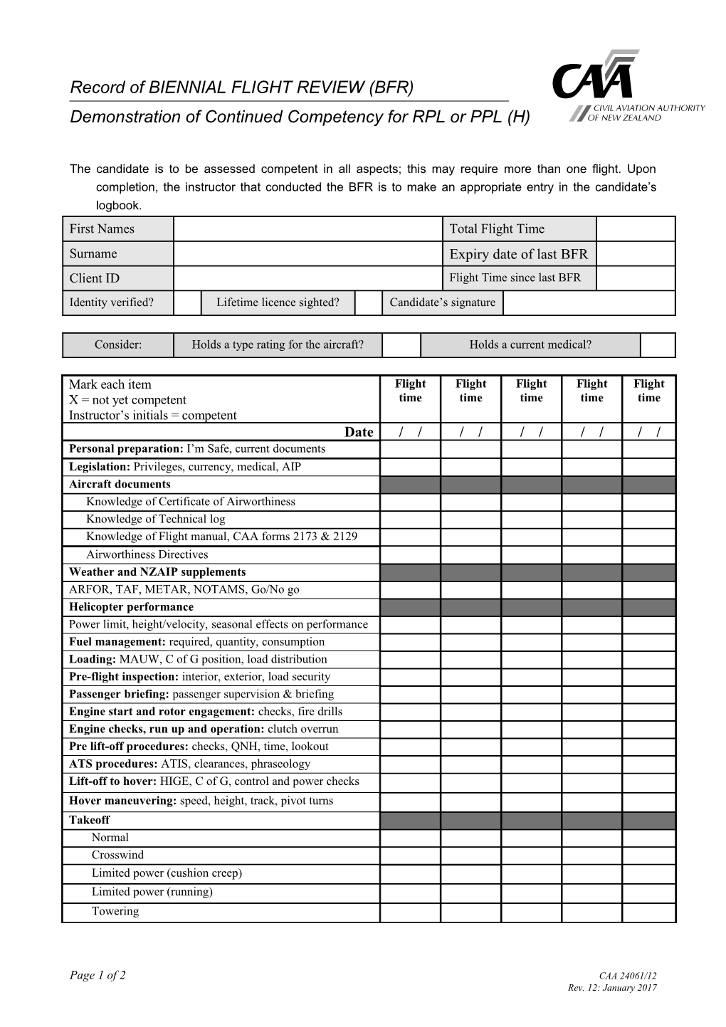 Record of BIENNIAL FLIGHT REVIEW (BFR)