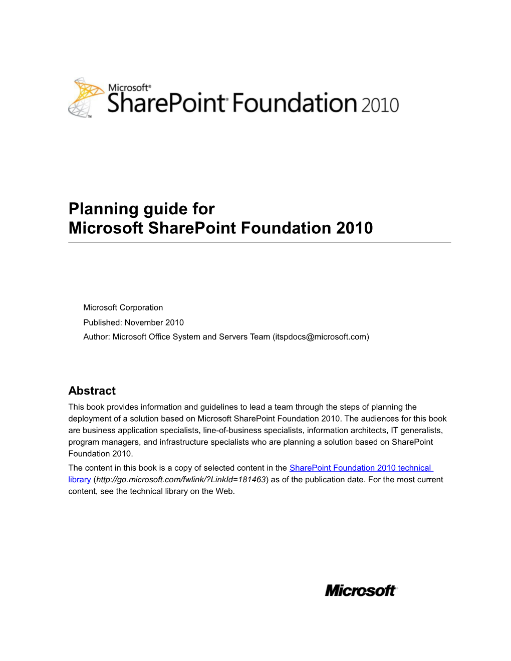 Planning Guide for Microsoft Sharepoint Foundation 2010