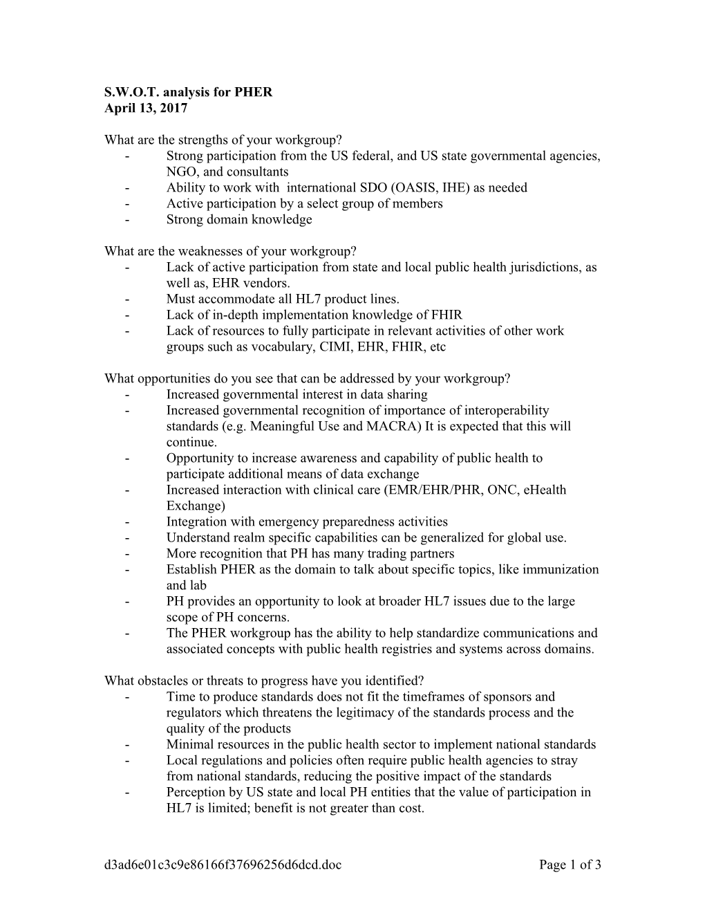 S.W.O.T. Analysis for PHER