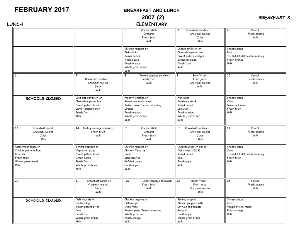 February 2017Breakfast and Lunch 2007 (2) Breakfast & Lunch Elementary