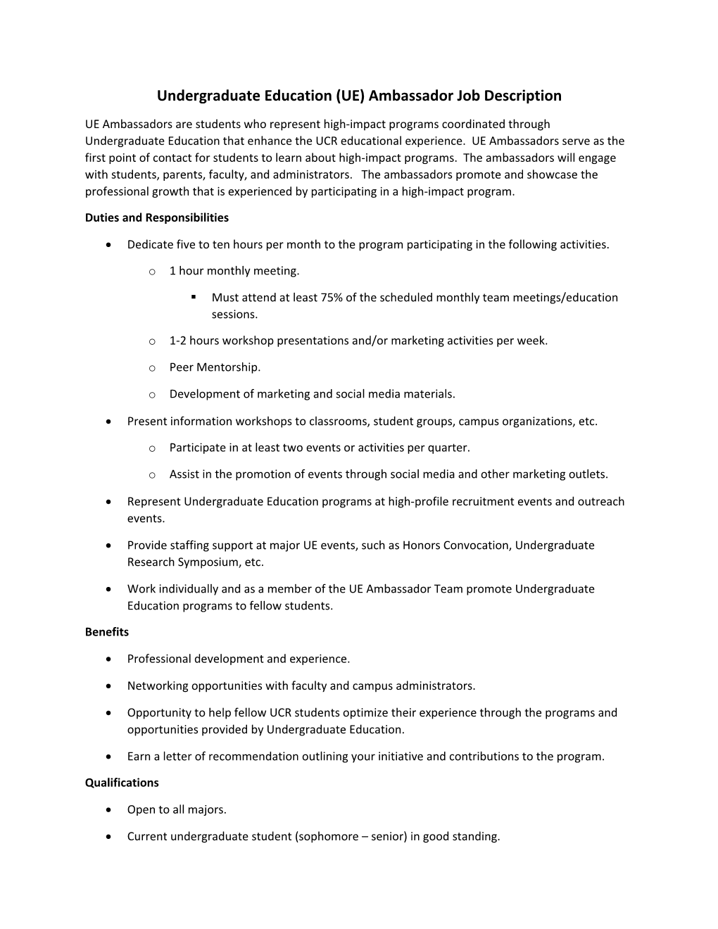 Undergraduate Education (UE) Ambassador Job Description