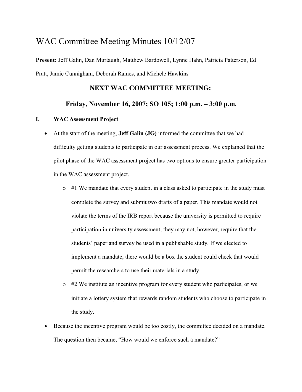 WAC Committee Meeting Minutes 10/12/07