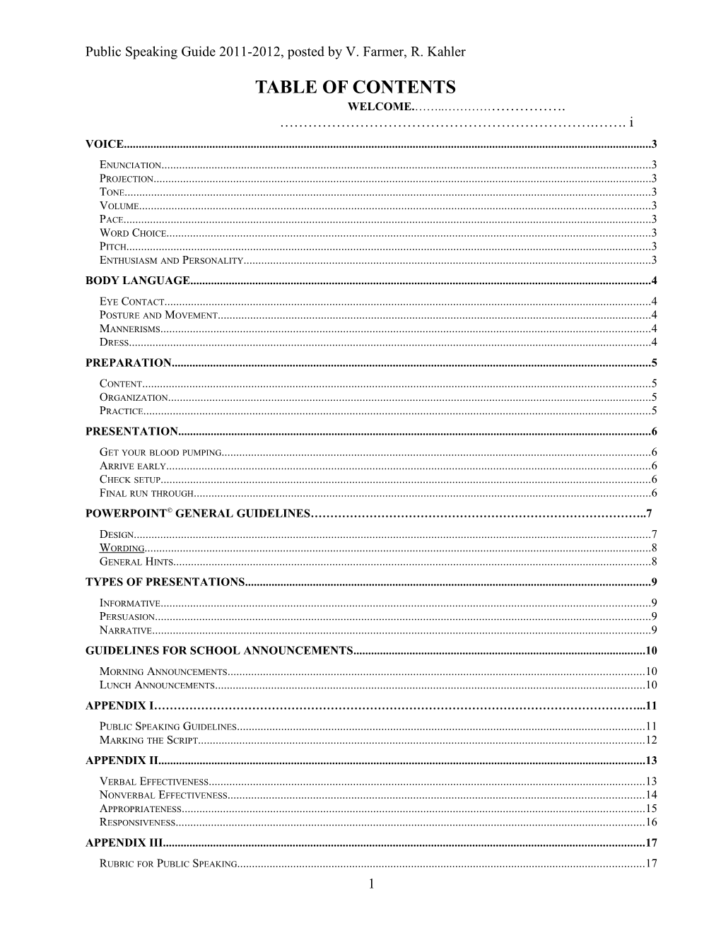 Public Speaking Guide 2011-2012, Posted by V. Farmer, R. Kahler