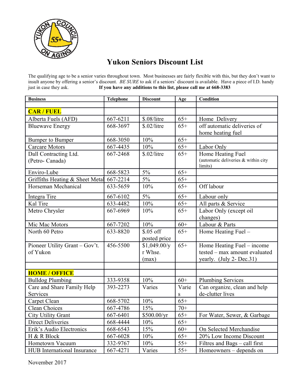 Yukon Seniors Discount List