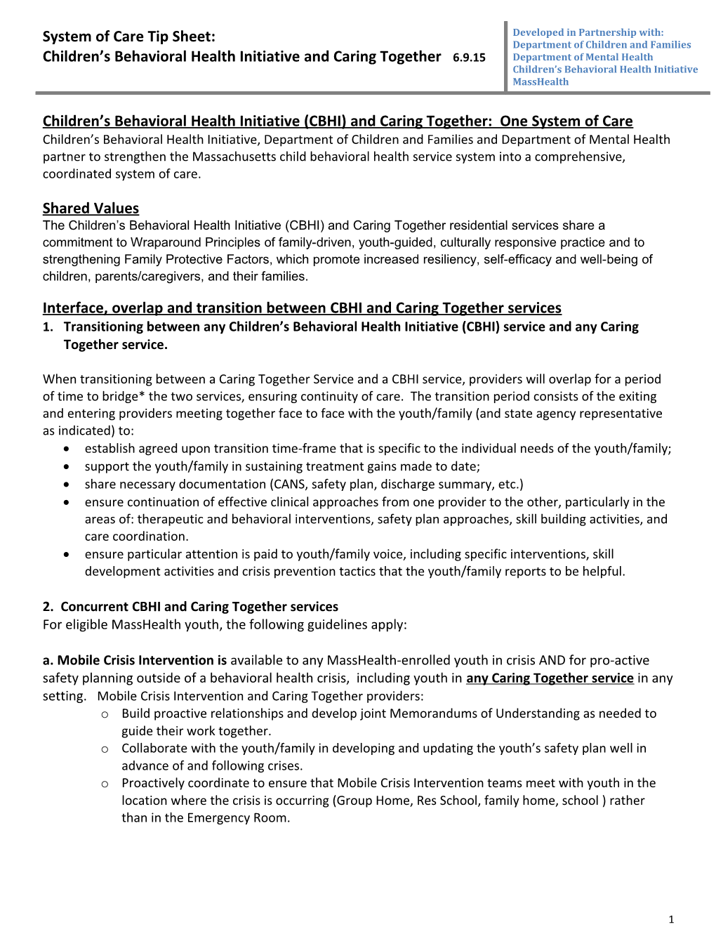 System of Care Tip Sheet: Children S Behavioral Health Initiative and Caring Together