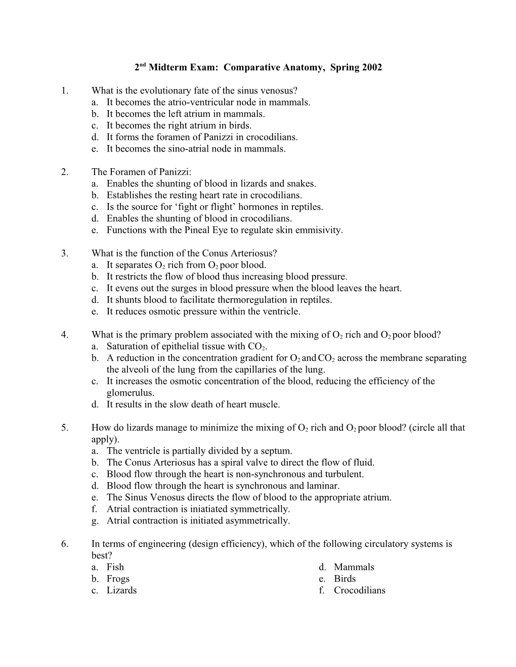 2Nd Midterm Exam: Comparative Anatomy, Spring 2002