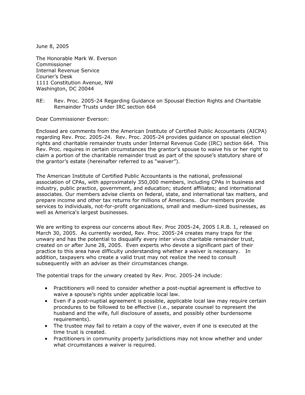 AICPA Letter to IRS on Rev. Proc. 2005-24 Regarding Spousal Election Rights and Crts