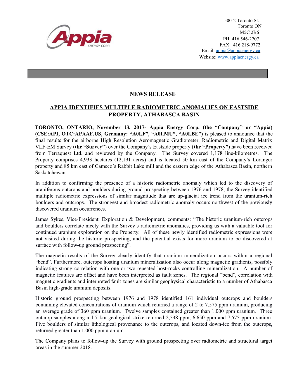 Appia Identifies Multiple Radiometric Anomaliesoneastside Property, Athabasca Basin