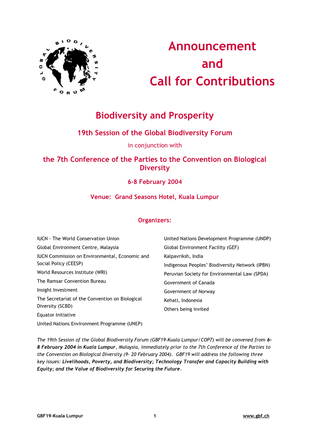19Th Session of the Global Biodiversity Forum