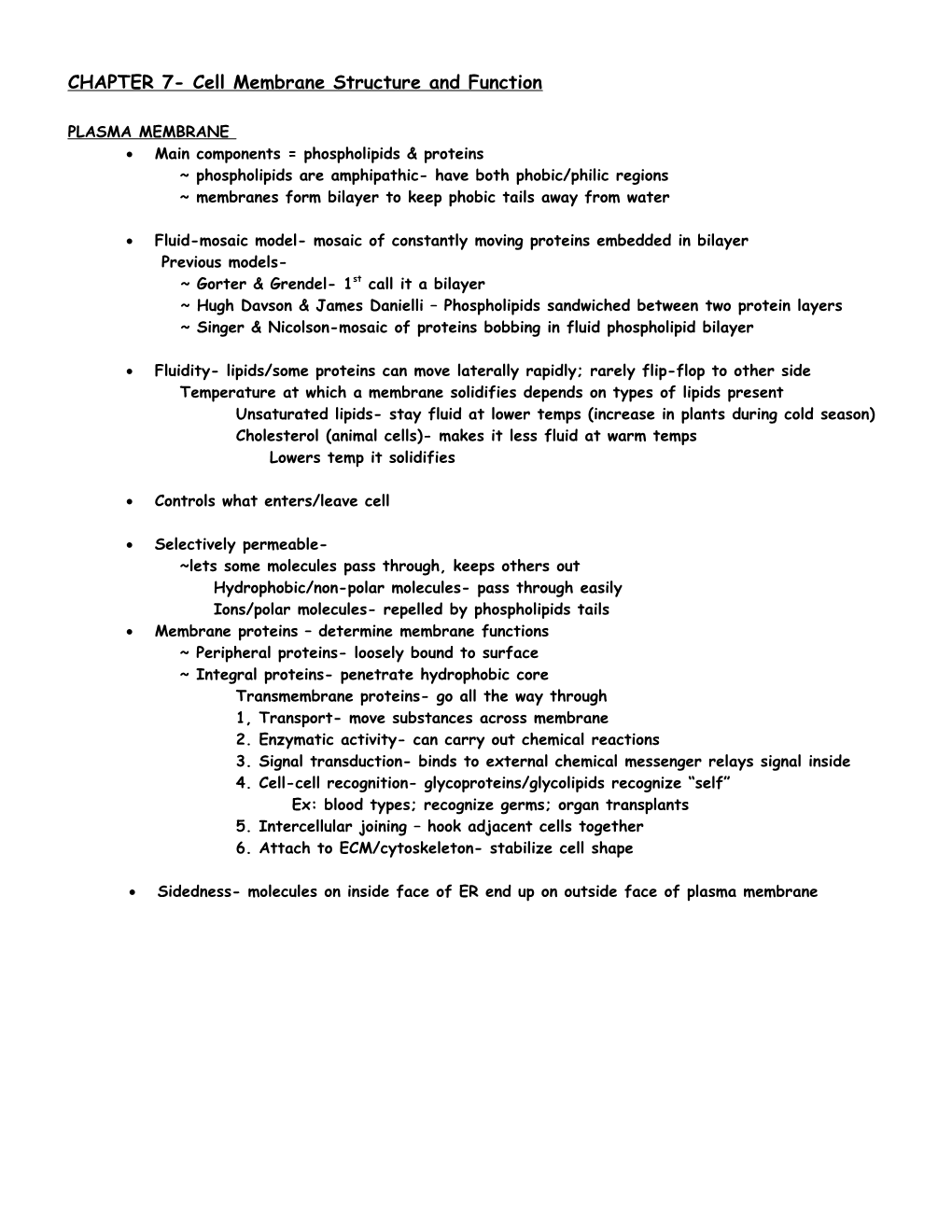 CHAPTER 7- Cell Membrane Structure and Function