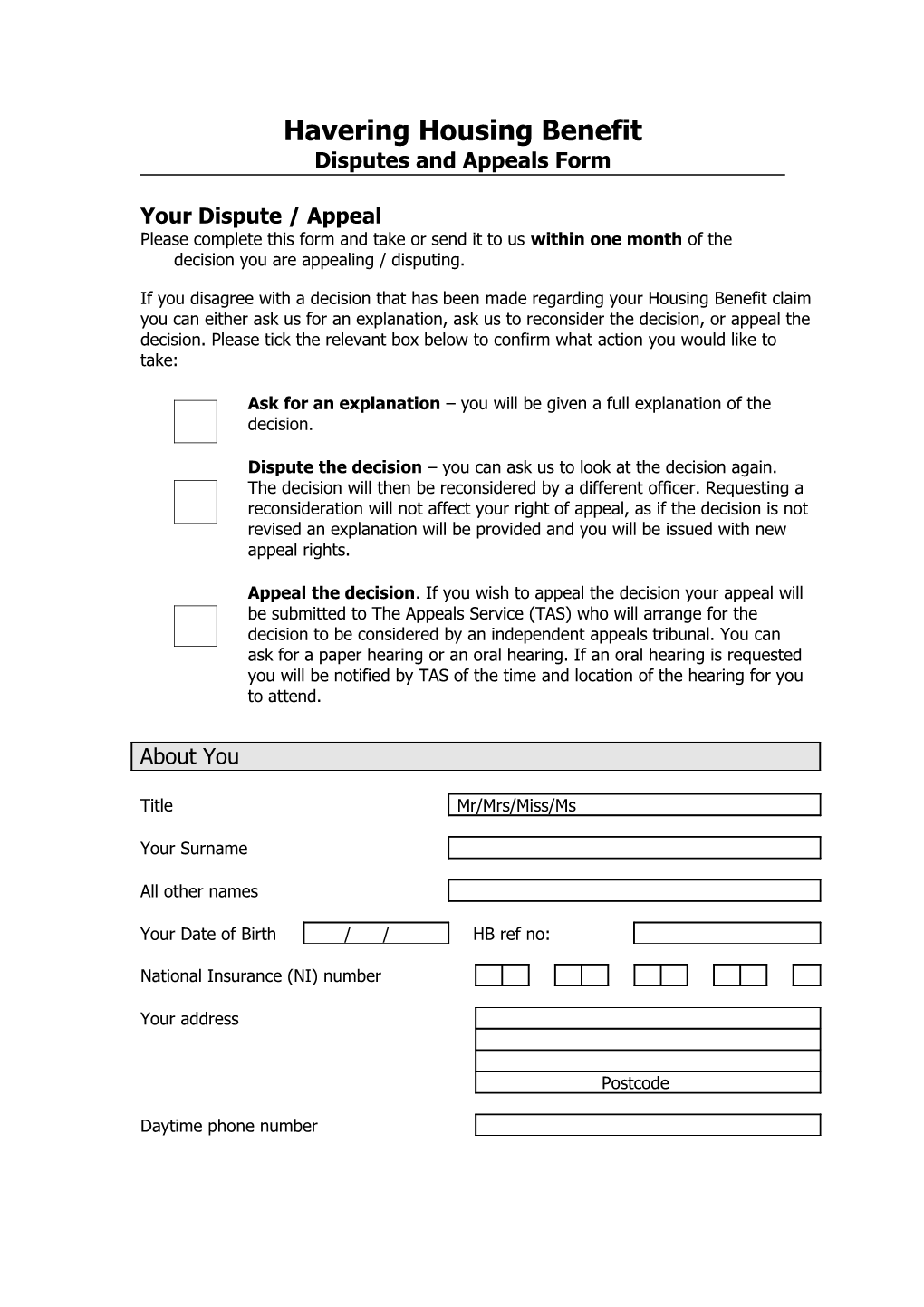 Dispute and Appeal Form for Housing Benefit