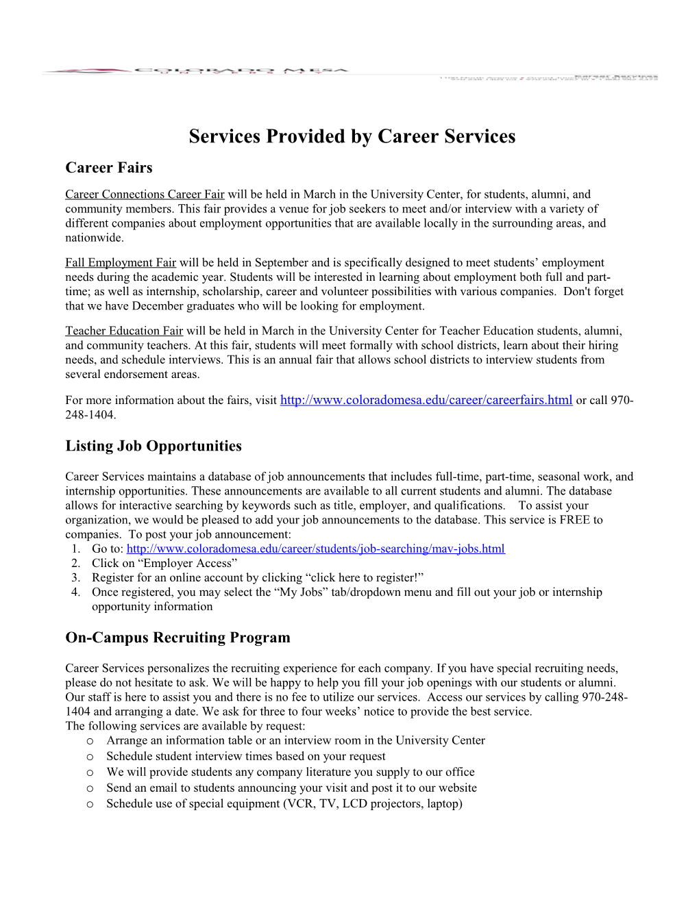 Services Provided by Career Services