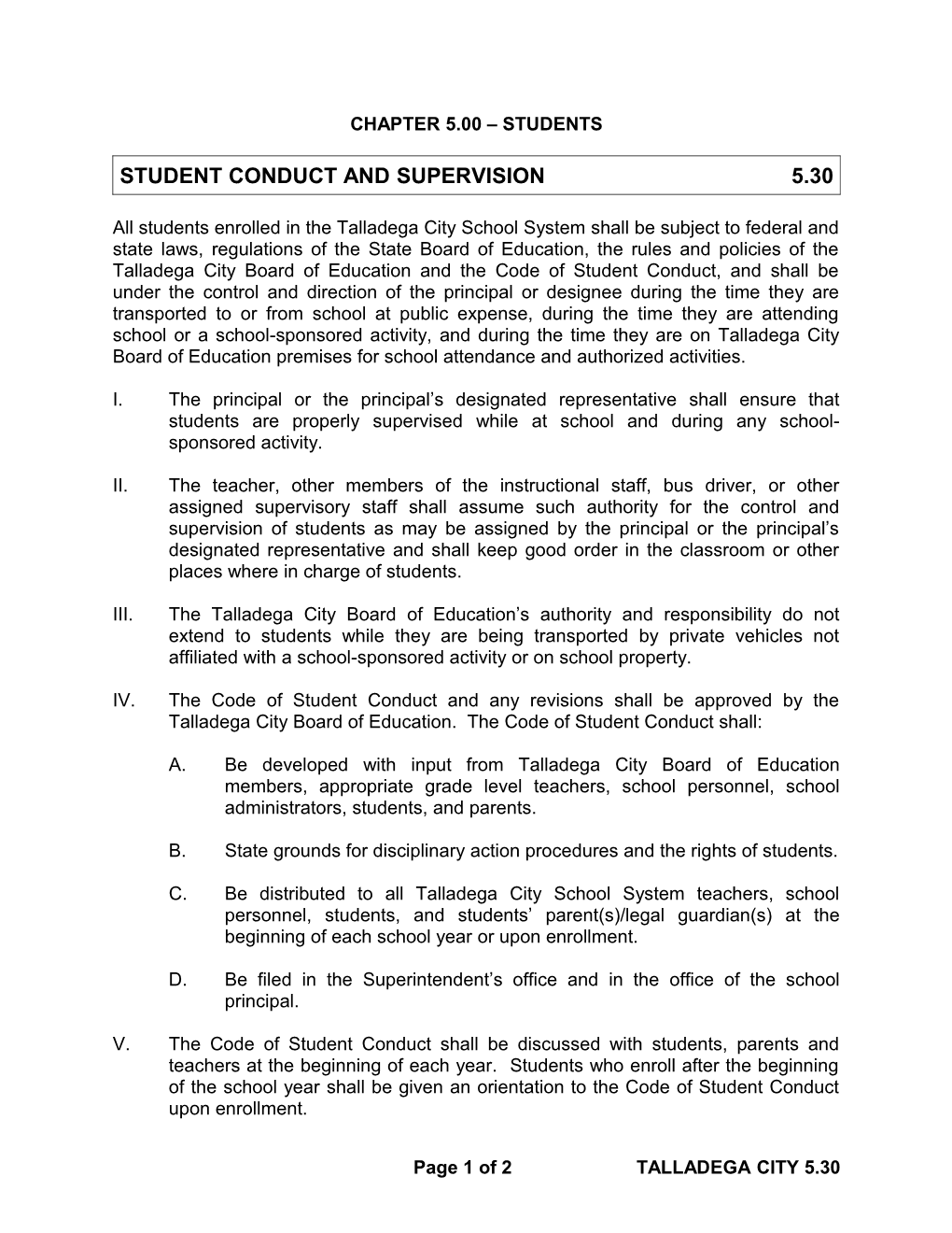 Student Conduct and Supervision