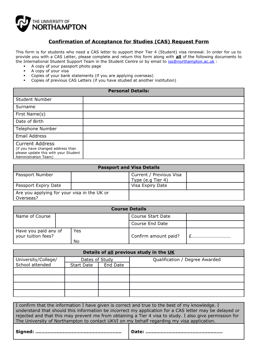 CAS Letter Request Form