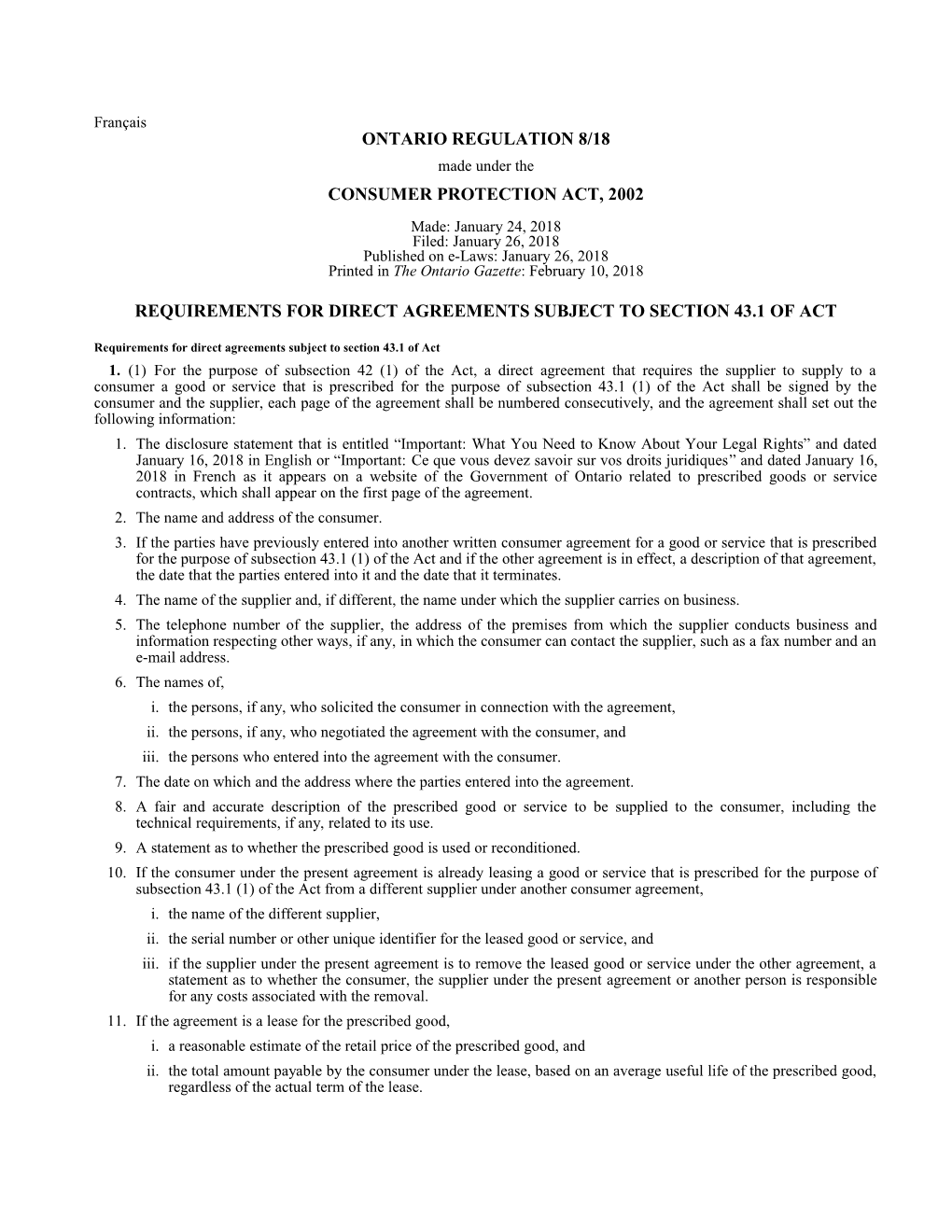 CONSUMER PROTECTION ACT, 2002 - O. Reg. 8/18
