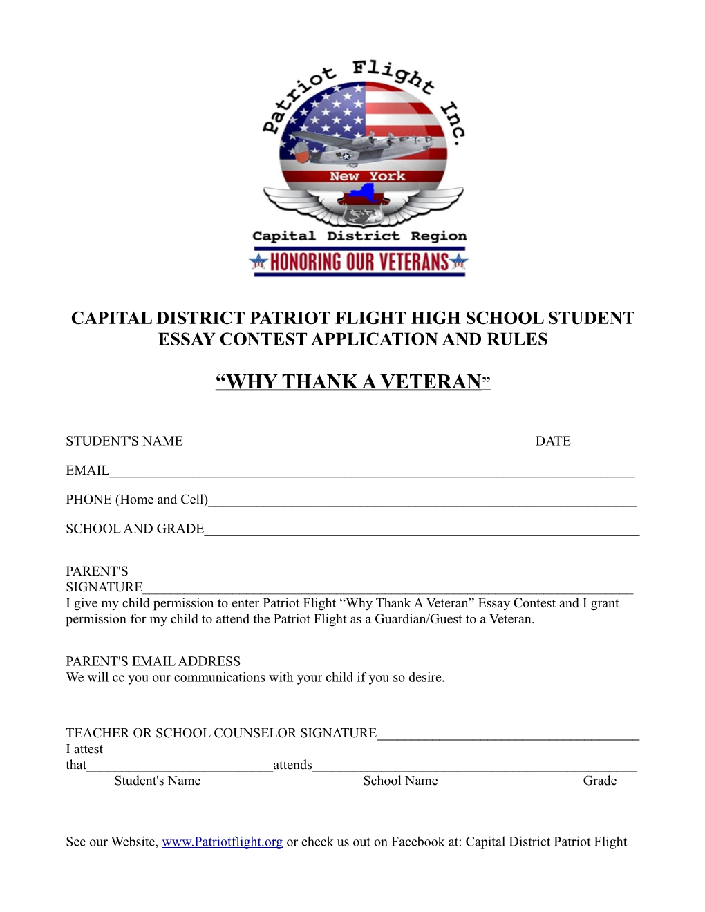 Capital District Patriot Flight High School Student Essay Contest Application and Rules